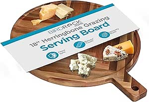 BIRDROCK HOME 18in Herringbone Wooden Serving Board | Large Serving Platters Wood Round Charcuterie Boards for Party Food Dish with Handle | Cheese & Grazing Board for Parties | Appetizer Food Boards