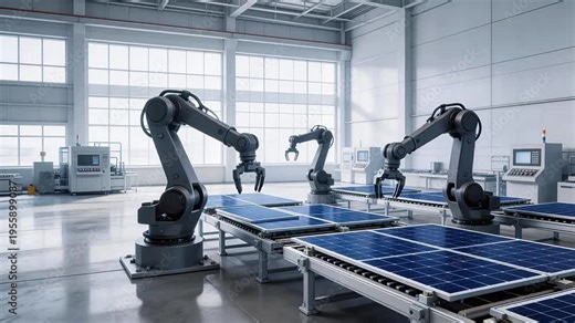 Automated solar panel manufacturing factory with robotic arms assembling photovoltaic modules on conveyor belts – clean energy production and Industry 4.0 technology