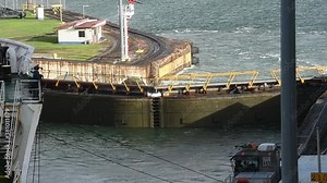 A ship approaching one of the locks at Gatun, the Panama Canal.