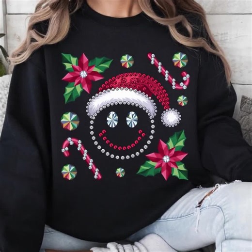 Floral Christmas Smiley Face PNG, Faux Rhinestone Gemstone Design (digital Download) - Etsy