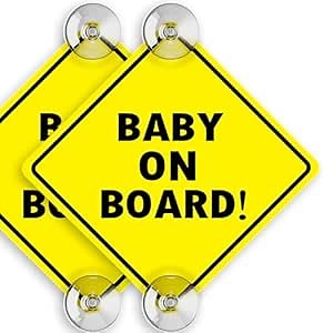 Baby On Board Sign with Suction Cups, 5" by 5" - Essential Safety Signs for Cars - Bright Yellow, Durable and Strong Suction