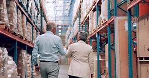 Logistics industry, warehouse and manager with talking for inspection, teamwork and planning for distribution. Shelf, stock and executive with collaboration for export, service or idea for shipping