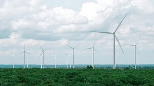 Progressive way of utilizing wind as renewable source of energy to power the modern way of life by wind turbine farm on green field or hill. Windmill generator generate electric with no CO2 emission.