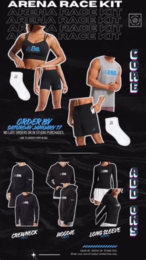 Arena Fitness & Performance on Instagram: "We’re dropping new Arena apparel ‼️ Perfect for race day and beyond. Core Kit includes: a top, bottom & socks Add Ons include: sweatshirt and long sleeve shirts 🗓 Order deadline: Saturday, Jan 17 - No late orders - No in-studio purchases Click the link in our bio to order!"