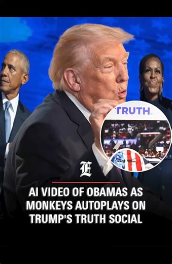 AI-generated video of Obamas as monkeys autoplays on Trump's latest Truth Social Post MORE: https://tinyurl.com/79p86tkv #BarackObama #MichelleObama #TruthSocial #DonaldTrump #News | Washington Examiner