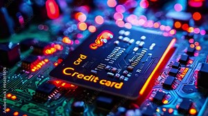 A close-up of a credit card chip, illuminated with red and blue lights. The card is on a circuit board, with other chips and wiring visible.