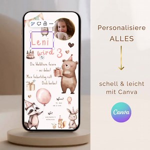 Digital Birthday Invitation - Customizable Canva Template - for Whatsapp & Print, Boho Woodland Animal Invitation, E-card Ready to Use Immediately - Etsy
