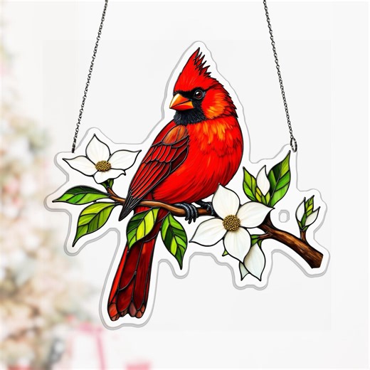 Elegant Spring Nature Red Cardinal Bird on Dogwood Branch Hanging Art Panel, Vintage Flat Printed Acrylic Suncatcher, Mom Room Decor - Etsy