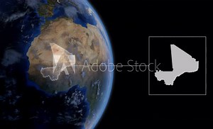 Fly Zoom into Mali, Bamako, Sikasso, through space to see the country map region from above from space. Detailed map Showing area, HD and 4K. Animation.