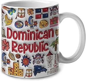 Lotacy Dominican Republic Symbols Colorful 2D Printed Ceramic Coffee Mug With Flag, 11oz, Dominican Souvenirs and Gifts