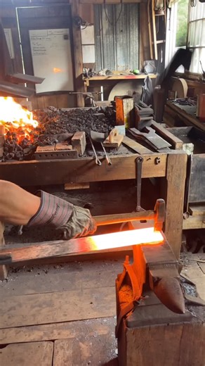 Don’t try this at home! The keyboard warriors will tell you to never hot cut on your anvil face- but if your cutter is softer than the face of your anvil, the anvil isn’t damaged by over cutting, and you can easily regrind the cutting edge. That said, with practice, you can cut ALMOST through a piece, and get so close sometimes that the piece pops apart as it did here. Then, just shear off over the edge of the anvil to finish the cut. We’ve been making tons of these splits for the timber straps 