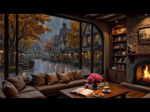 (No Ads) Cozy Autumn Rain Outside the Window 🎶 Smooth Jazz & Crackling Fire for Deep Sleep and Study