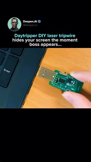 AI. Tech. The next evolution. on Instagram: "The Daytripper is a DIY laser tripwire designed to automatically hide on screen distractions when someone walks past your desk. Instead of relying on apps or manual shortcuts, the system detects motion and triggers actions on your computer without user input. It consists of a small transmitter using a laser time of flight sensor and a USB receiver connected to your computer. When the beam is broken, the receiver instantly activates a preset keyboard s