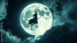 A witch flying across a full moon in a dark night sky, showcasing a mystical and enchanting atmosphere
