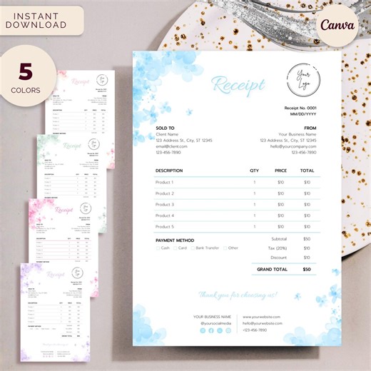 Receipt Floral Design, Instant Download Editable Canva Template, Delicate Flowers - Etsy