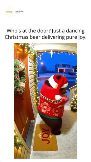 Who's at the door? Just a dancing Christmas bear delivering pure joy!