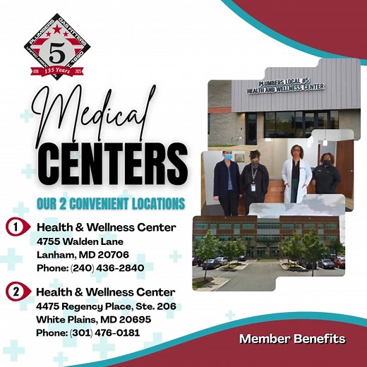 Our wellness centers are just one more reason to be a member of Local 5 Plumbers — free vaccinations, easy access, and trusted care for you and your family. Join Local 5 and get healthcare benefits through two dedicated health centers. Learn more about working with us here: https://bit.ly/3ZPLQXF #DCPlumbers #UnionStrong #HealthcareForAll #WashingtonDC #PlumbersOfDC #UnionBenefits #WellnessMatters #DCTrades #BuiltInDC | Plumbers & Gasfitters Local 5