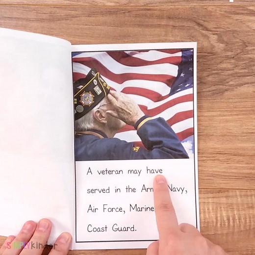 👀 Looking for an information book on Veterans Day and Craft? It's right here for you! 👉 Includes a nonfiction book with real images and hands-on craft! 🌟 "Loved the graphics and learning about Veterans Day - my students were engaged and learned all about the different branches." 💥 Comment "VETERAN" now! | Simply Kinder