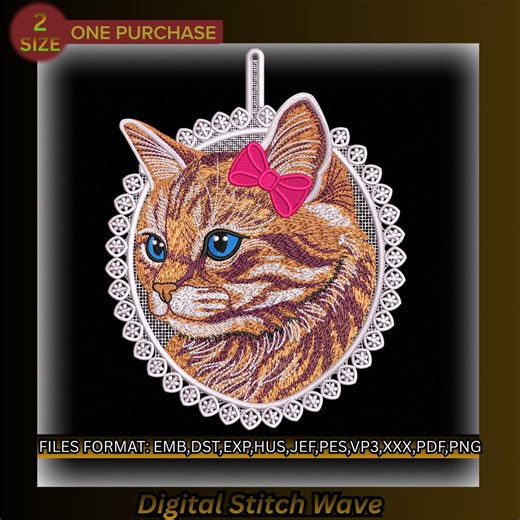 Free Standing Lace Cat Embroidery Design – Tabby Kitty with Bow (Digital Download)