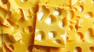 Close-up of Swiss cheese with large holes, showing the texture and color of the cheese
