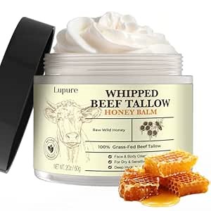 Beef Tallow Cream for Skin: Whipped Grass Fed Beef Tallow with Honey, All-Natural Face Moisturizer, Hydrating & Nourishing Balm for Dry Skin, Eczema Relief, Unscented, Non-Greasy, 2 oz