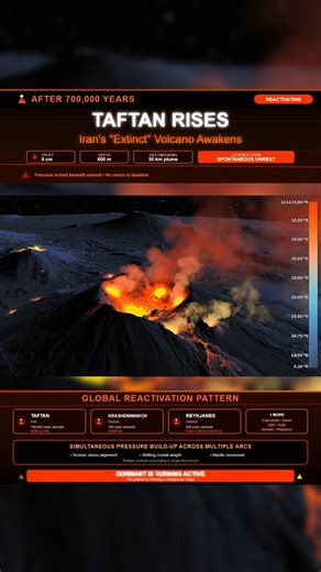 🔥 Iran’s Taftan volcano is waking after 700,000 years 🔥 Taftan in southeastern Iran was written off as extinct. Now the ground beneath it is rising. Satellite radar confirms nine centimeters of uplift between July 2023 and May 2024. Gas vents have opened and sulfur emissions reached the city of Khash, fifty kilometers away. No earthquake. No rainfall. The movement started from inside the mountain itself. Researchers call it spontaneous unrest, the first confirmed reactivation of Taftan. And it