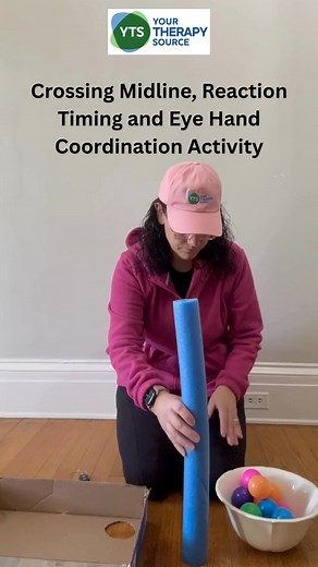 140K views · 1K reactions | More activities using ball pit balls! This one focuses on crossing midline, reaction time and and eye hand coordination. It is harder than it looks! If you want to make it easier, using a wide diameter pool noodle or cardboard tube that stands up better. If you want to make it harder, use a full size pool noodle. | Your Therapy Source | Facebook