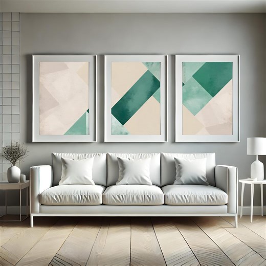Teal Green Geometric Triptych, Abstract Canvas Art (digital Download) - Etsy