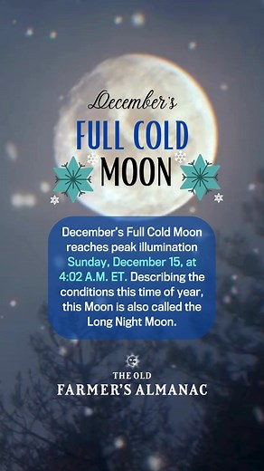 Brrr! 🥶 The full Moon for December is 100% illuminated on December 15, at 4:02 A.M. (EST) 🌕️ This Moon is most commonly known as the Cold Moon—a Mohawk name that conveys the frigid conditions of this time of year when cold weather truly begins to grip us—but it has also been called the Long Night Moon (Mohican), as it rises during the “longest” nights of the year, near the December winter solstice. Here's more. Almanac.com/Full-Moon-December | The Old Farmers Almanac