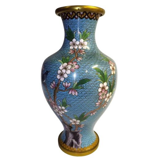 Vtg Cloisonné Vase Bluebird Cherry Blossoms 12" Gold Rim Blue Pink Enamel Brass - Etsy