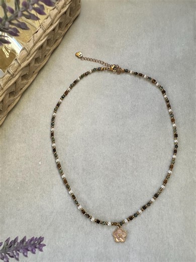 Handmade Pearl & Stone Beaded Necklace, Gold Floral Pendant - Etsy