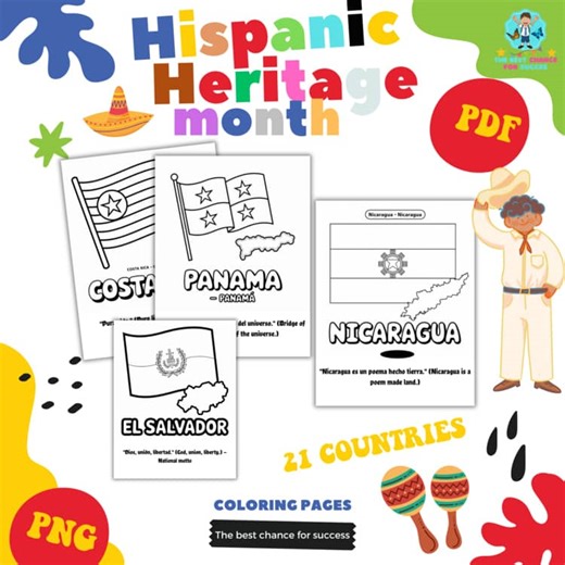 Hispanic Heritage Month Coloring Pages | 21 Countries | Flags & Cultural