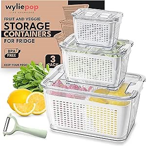 Amazon.com: Premium Fruit Storage Containers for Fridge with Veggie Peeler – 3-in-1 Produce Containers for Fridge with Strainer & Removable Colander – Large, Clear Fruit and Vegetable Storage Organizer (Set of 3): Home & Kitchen