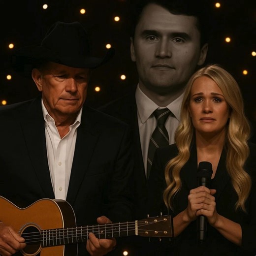 George Strait and Carrie Underwood walked side by side to center stage. George clutched his guitar to his chest, while Carrie held the microphone with trembling hands. The crowd, moments earlier jittery, fell into a respectful silence. George strummed the first chord, low and steady, and Carrie’s voice rose softly above it — fragile, aching, yet filled with grace. Together, they offered a heartfelt tribute to Charlie Kirk, whose sudden passing at just 31 had left a nation in shock. Their harmoni