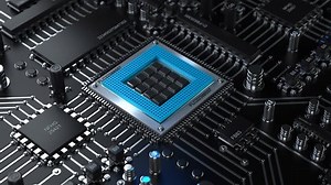 Computer System Innards 3D Animated. CPU. Electronic circuit chip on PC board. close up Technology background ( 4k, 30fps, loop, render )