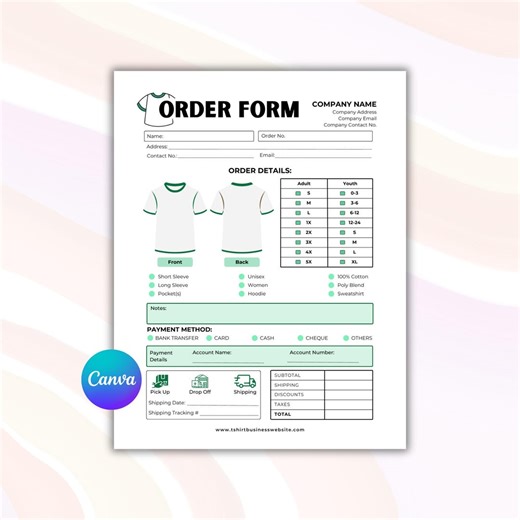 Editable Green T-shirt Order Form, Small Business Shirt Owner Canva Template, Printable Clothing Custom Purchase Apparel Form, US Letter - Etsy
