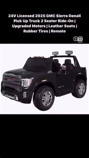 𝐄𝐥𝐢𝐭𝐞 𝐂𝐮𝐬𝐭𝐨𝐦 𝐃𝐞𝐬𝐢𝐠𝐧𝐳 𝐋𝐭𝐝. on Instagram: "🫶🏽 24V Licensed 2025 GMC Sierra Denali Pick Up Truck 2 Seater Ride-On | Upgraded Motors | Leather Seats | Rubber Tires | Remote DESCRIPTION : Introducing the all new, most powerful Upgraded 2025 GMC Sierra 2 Seater Kids Ride On Car with one true powerful 24V battery with Dual upgraded motors with Remote Control! For all the truck lovers out there, the new 2025 GMC Sierra 2 Seater is designed for two kids ages 1 to 6 approx depending