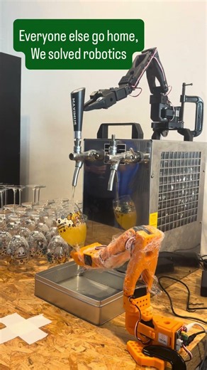Robot bar tender: LeRobot arms used as they were meant to 🤩🤖🔥 #physicalai #robotics