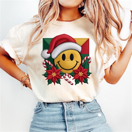 Floral Christmas Smiley Face PNG, Faux Embroidered Stitched Design (digital Download) - Etsy