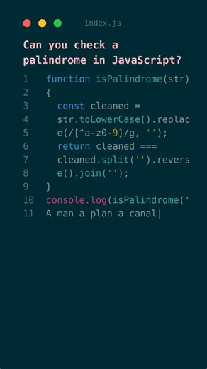 Check Palindrome in 4 Lines #shorts #javascript #coding