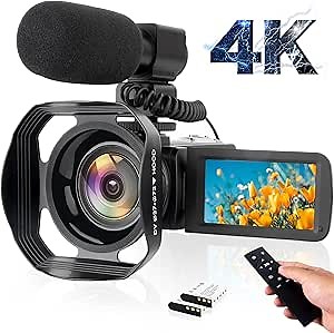 VETEK 4K Camcorder 48MP 60FPS Ultra HD Vlog Video Camera for YouTube, 3 Inch Touch Screen IR Night Shot Digital Camera with Microphone, WiFi, Remote Control, Lens Hood, 2 Battery, Battery Charger