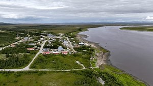 aerial high above koyuk alaska with koyuk inlet in background