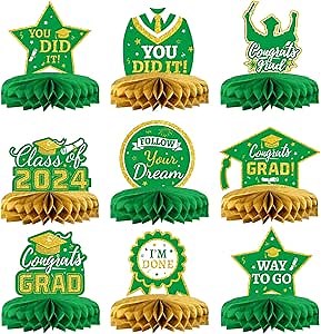 Oigco 9 Pieces Graduation Honeycomb Centerpieces Congrats Grad Party Supplies for Graduation Table Decorations (Green, Gold)