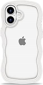 Anuck for iPhone 16 Plus Case Wavy Edge Clear Back Design, Anti-Slip Grip Cute Wave Curly Frame Shape Shockproof Soft TPU & Hard Bumper Protective Phone Case Cover for Women Girls, White