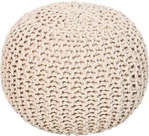 · REDEARTH · Round Pouf Ottoman - Cable Knitted Boho Poof - Home Décor Cord Pouffe Handmade Circular Footrest for Living Room - Bedroom - Kids Bedroom - 100% Cotton Pouf (19.5"x19.5"x14") - Ivory