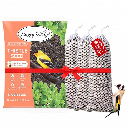 Happy Wings 8lbs No Grow Nyjer Seed Bird Food & 3 Empty Sock Feeders for Wild Bird Seed - Dry