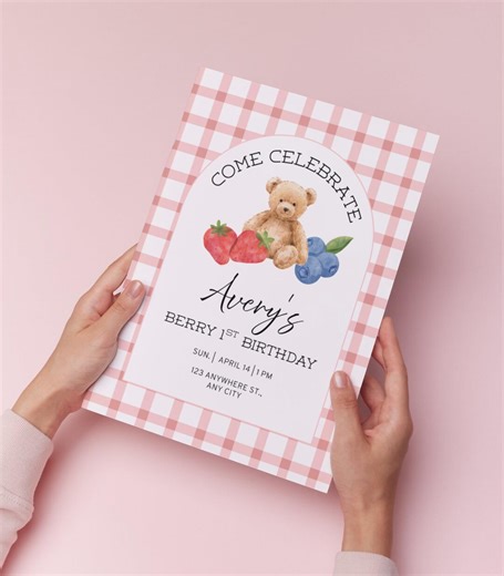 Berry First Birthday Invitation, Strawberry First Birthday Invite, Teddy Bear Picnic Birthday, Girl 1st Birthday Party Invite, Editable - Etsy