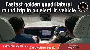 Fastest golden quadrilateral round trip in an electric vehicle The record for the fastest #GoldenQuadrilateral round trip in an electric vehicle was set by AUTO TODAY Magazine. During the drive, the #MercedesBenzEQS5804MATIC connected all four major metropolitan cities Delhi, Kolkata, #Chennai and Mumbai by road. The drive was flagged off from Varanasi on the 16th of February 2023 at 00:00hrs and finished at #Varanasi on 20th February 2023 at 15:47hrs, totalling a run time of 111hrs and 47 mins.