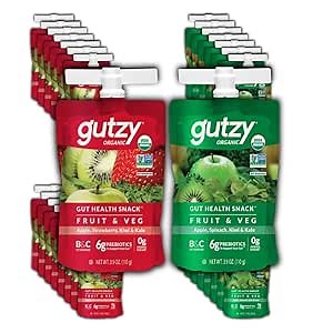 Gutzy Organic Gut Healthy Smoothie Snack Pouches - Fruit & Veg Energy 32 Pouch Variety Pack- Organic, Prebiotics, Plant Based, Gluten Free, Vegan Snacks