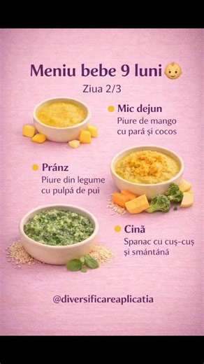 Diversificare Bebe - Meniuri pe vârste on Instagram: "Salvează postarea pentru inspirație 🥣 ⸻ 🥭 MIC DEJUN Piure de mango cu pară și fulgi de cocos 📝 Ingrediente: • 1 pară medie (aprox. 120 g) • ½ mango bine copt (aprox. 100 g) • 1 linguriță fulgi de cocos 👩‍🍳 Preparare (simplu și rapid): – Curăță para și taie cubulețe. – Gătește la abur 8–10 minute, până devine moale. – Adaugă mango crud peste para caldă. – Pasează fin. – Presară fulgi de cocos deasupra. ⏱ Timp total: 15 minute ⸻ 🍗 PRÂNZ P